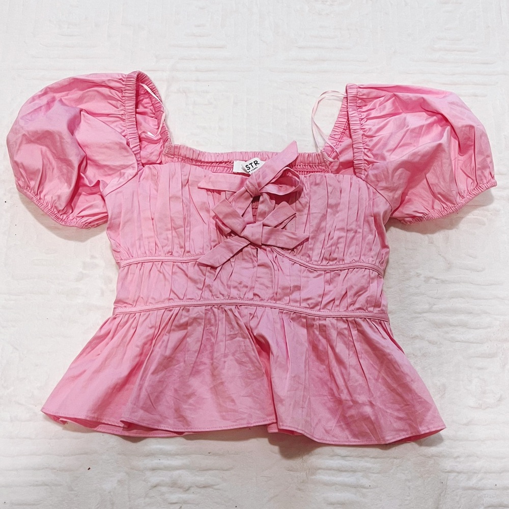 Astr Pink Puff Sleeve Peplum Top